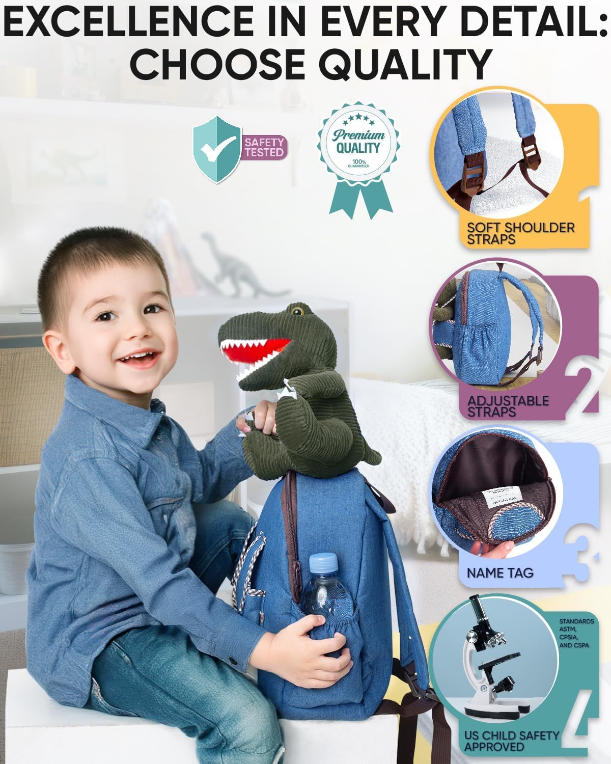 Naturally KIDS Mały plecak z dinozaurem, zabawki dla dzieci w wieku 3-5 lat, plecak dla malucha dla chłopca, dziewczynki, wypchane zwierzę - prezenty dla 3-letniego chłopca - w kieszenie i odblaskowe