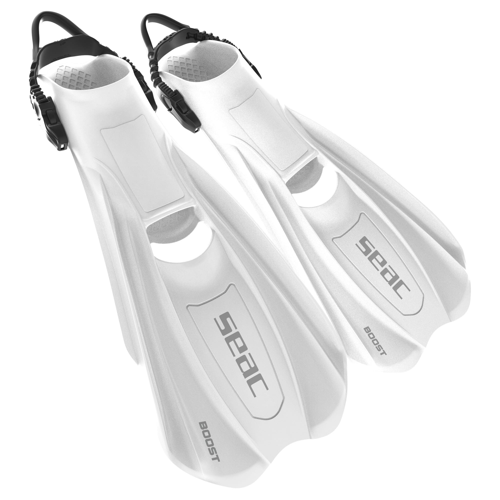 SEAC BOOST – Pinne da Snorkeling e Sub con Cinturino Sling Ultra Confortevole | Da Usare Anche Senza Calzari o Calzini | Extra Leggere, Antiscivolo, Bianco