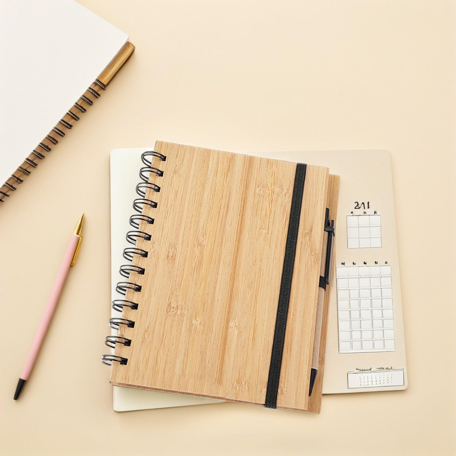 Angoily 3 Stück pack Bambus Spiralnotizbücher mit Hardcover Liniert 70 Seiten Inklusive 3 Stifte Handliches Notizbuch für Schule Büro und Unterwegs