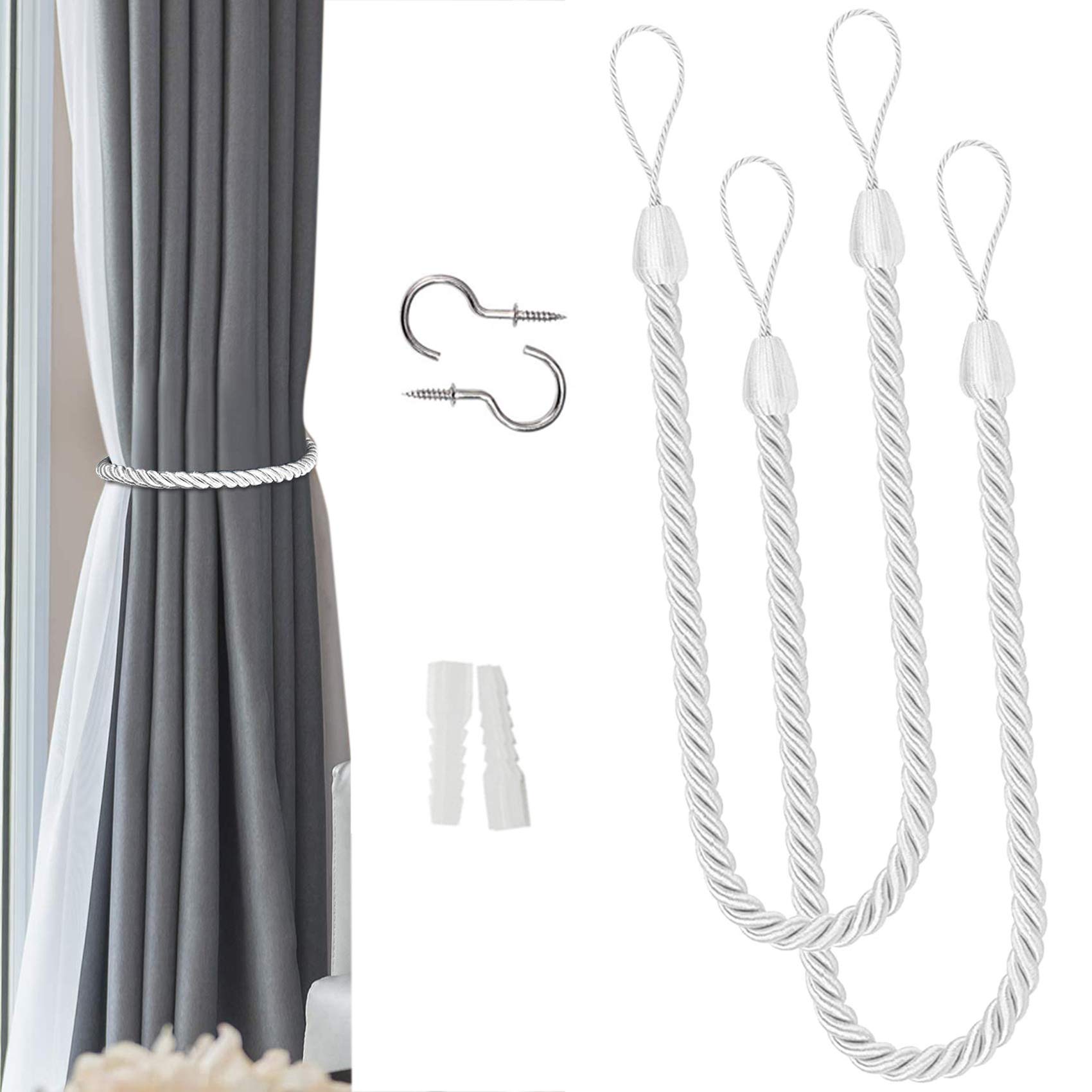 6 Ferma Tende In Corda Di Cotone Fatte A Mano, Bianche, Regolabili (48 Cm) - Per Soggiorno, Camera Da Letto, Stile Nordico