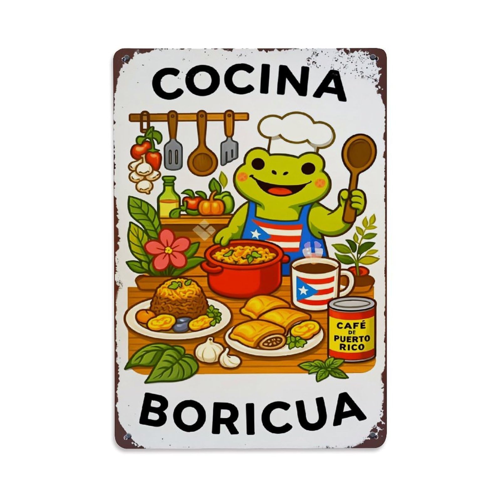 Bliveurn Vintage Cocina Boricua Frog Chef Pattern Retro Metal Tin Sign, Metal Poster For Home, Gaming Room, Studio Workshop,Bar,Garage Wall Art Decor 8X12 Inch