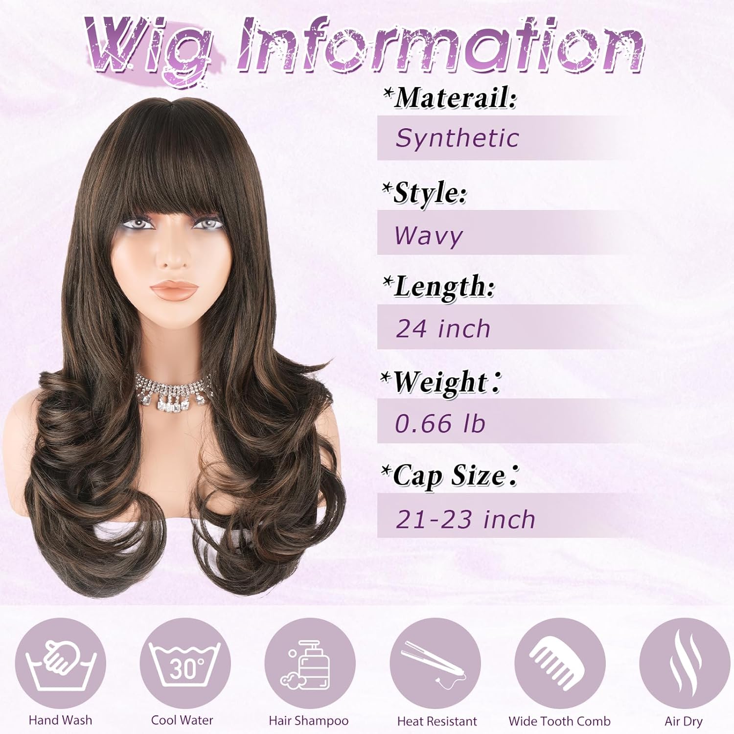 Haloo Brown Auburn Wigs with Bangs Long Wavy Layered Haircut Natural Looking Fluffy Synthetic Heat Resistant Hair Wig for Women Daily Party, 24 Inch Brown Mixed Auburn