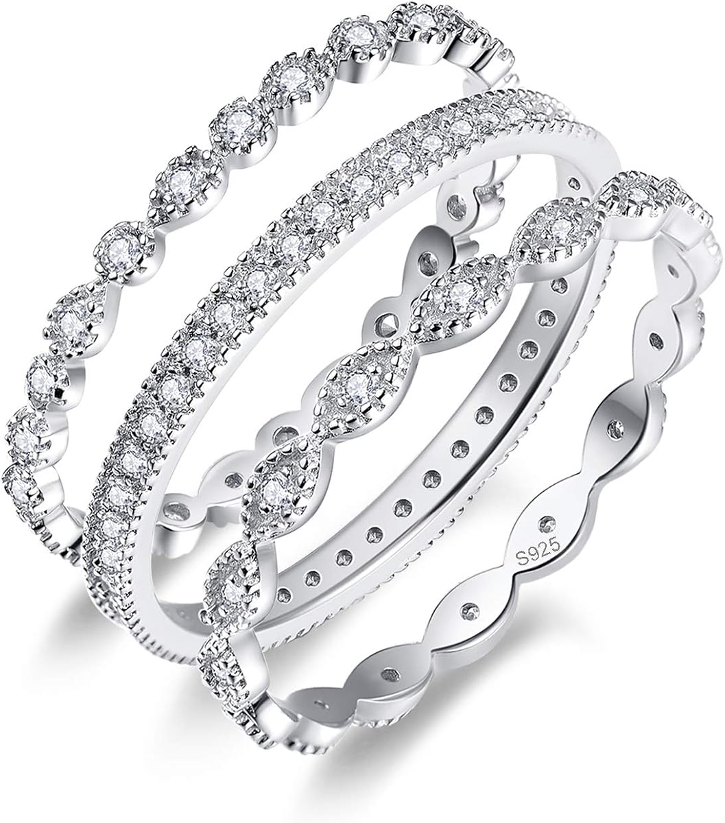 AVECON 3 Pcs 925 Sterling Silver Stackable Ring Set for women, CZ Wedding Engagement Bands, Birthday Christmas Gift, Size 5-10