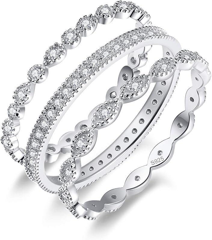 AVECON 3 Pcs 925 Sterling Silver Stackable Ring Set for women, CZ Wedding Engagement Bands, Birthday Christmas Gift, Size 5-10