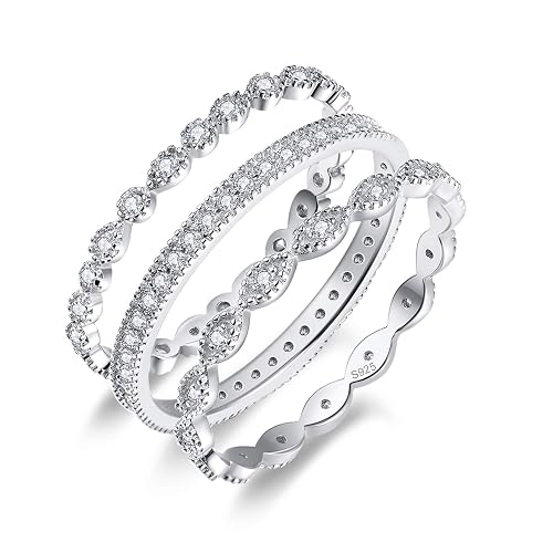 AVECON 3 PCS 925 Sterling Silver Stackable Engagement Rings Set Cubic Zirconia Eternity Bands Wedding Promise Rings for Women Size 5-10
