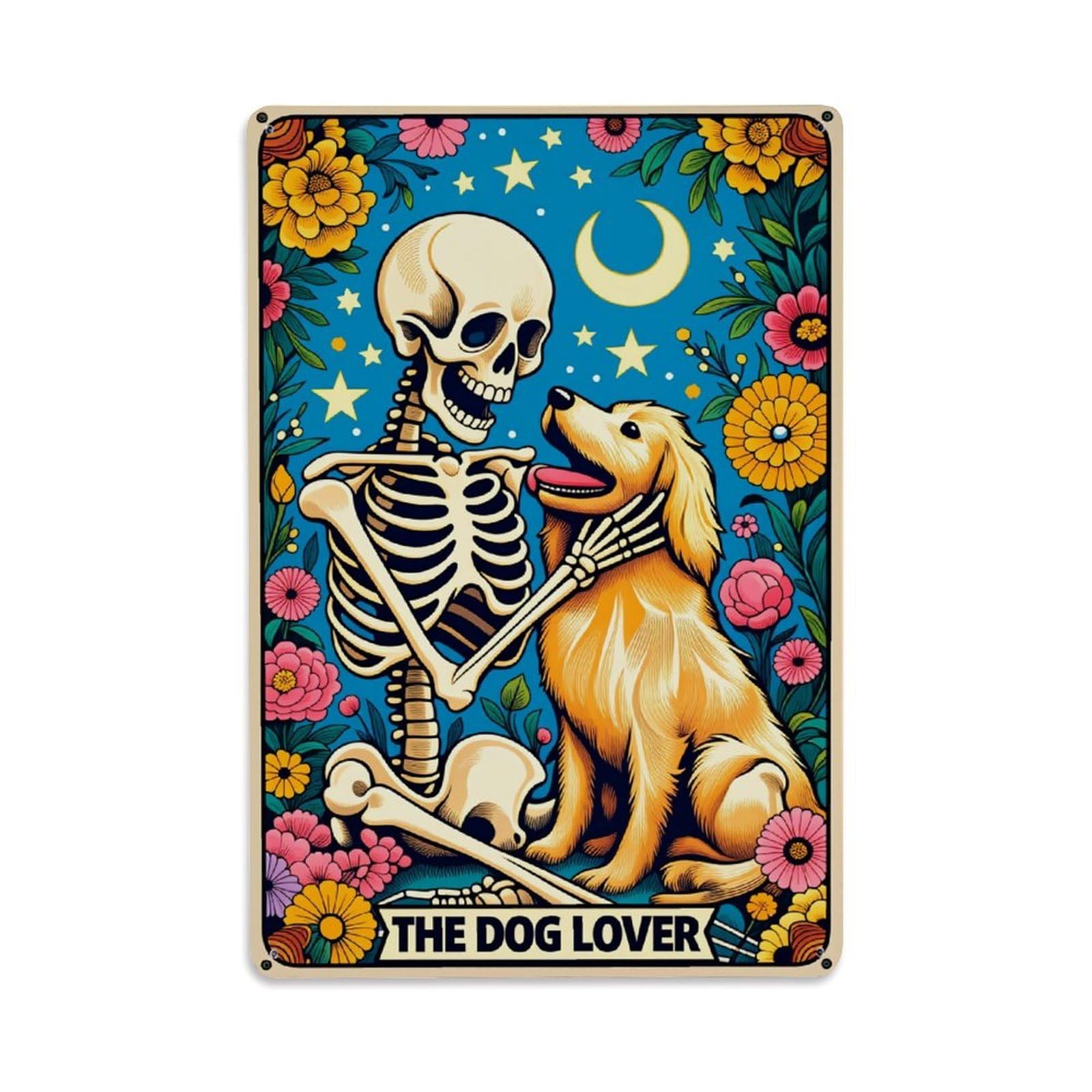 Enderetf Vintage Skeleton And Dog Floral Night Sky Tin Sign Metal Poster, Home Bar Garage Man Cave Cafe Indoor & Outdoor Wall Decoration 8X12inches