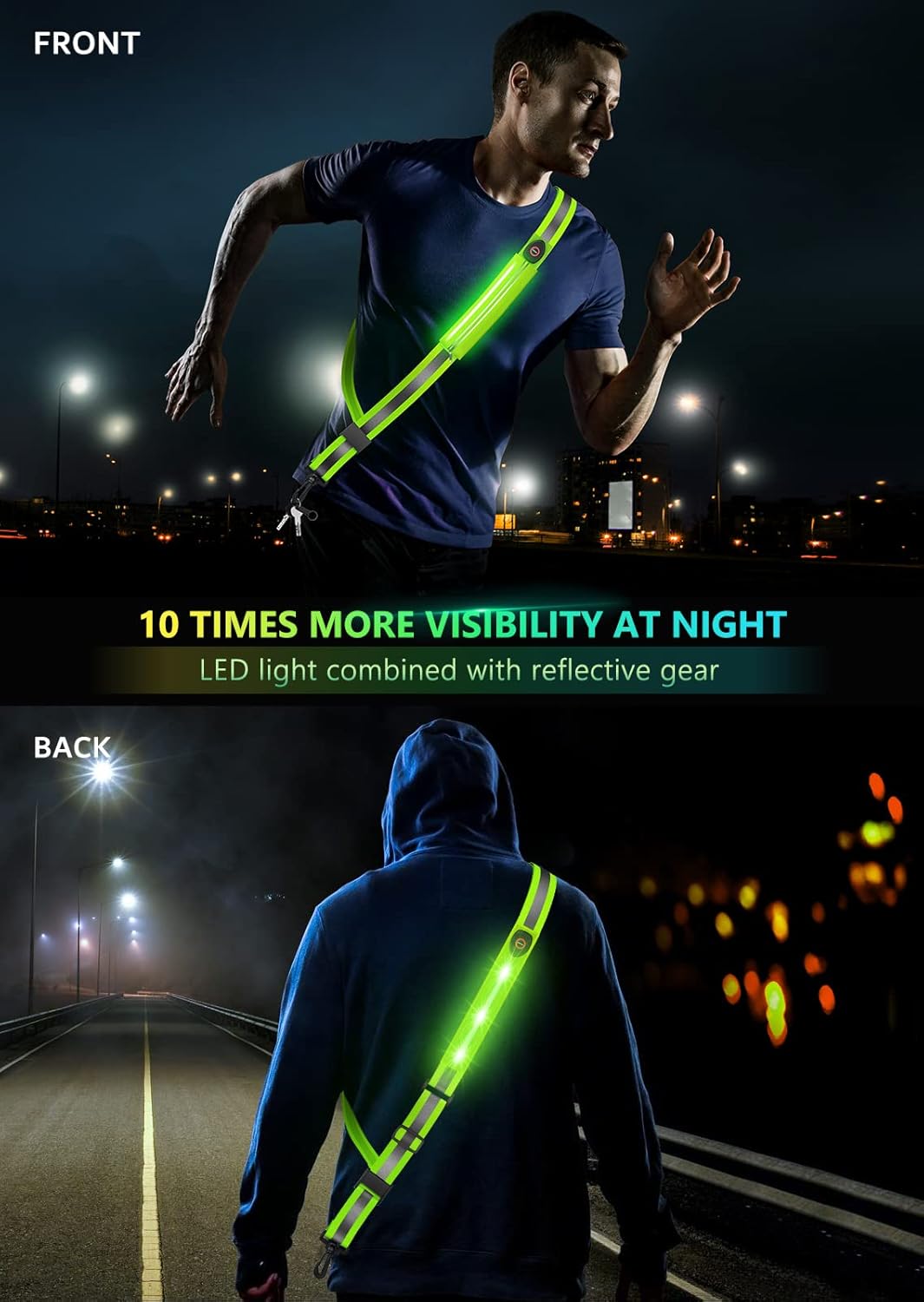 Fokia Kunbio LED Reflective Belt Sash for Walking at Night, Night Running Safety Gear High Visibility Rechargeable LED Light Up Running Belt for Runners Walkers Men Women (Green) : Sports & Outdoors