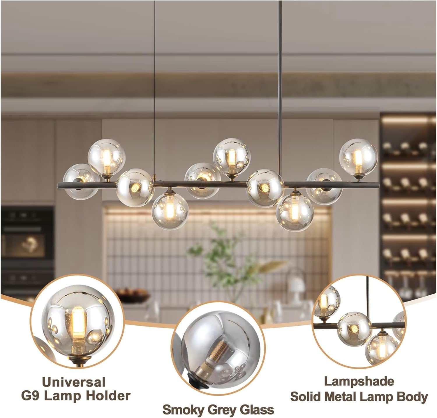 Matte Black Adjustable Chandelier with Smoked Glass Globe Shades Mid-Century Modern Style Pendant Light,for Decoration