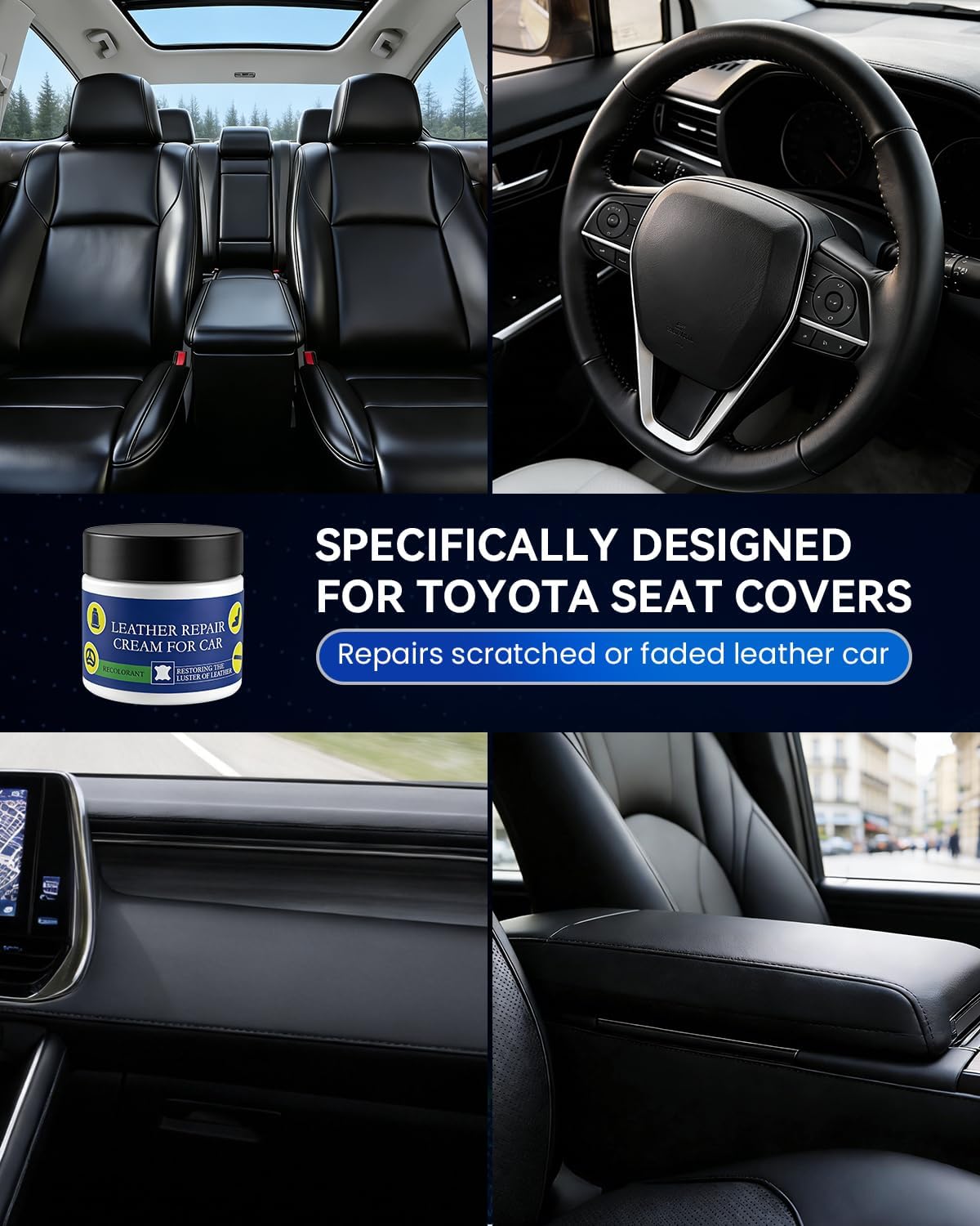 Leather Repair Kit for Toyota- 8PCS Leather & Vinyl Scratch Restorer for Steering Wheel/Seat, Leather Restoration Kit DIY Fix for Tears, Scuffs, Worn Spots & Color Fading (Black)