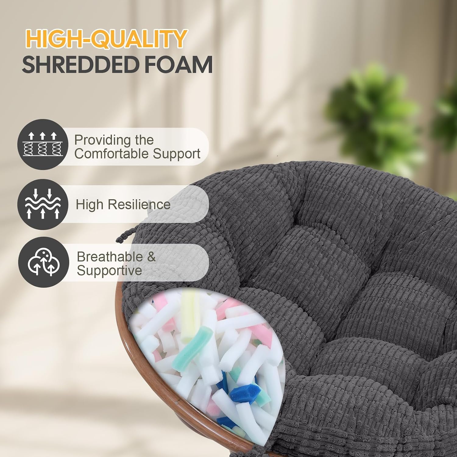 idee-home Papasan Chair Cushion, Circle Papasan Cushion Soft Corduroy (Without Chair) Replacement Indoor& Outdoor for Egg Bowl Chair, 48 X 48 Inch, Grey