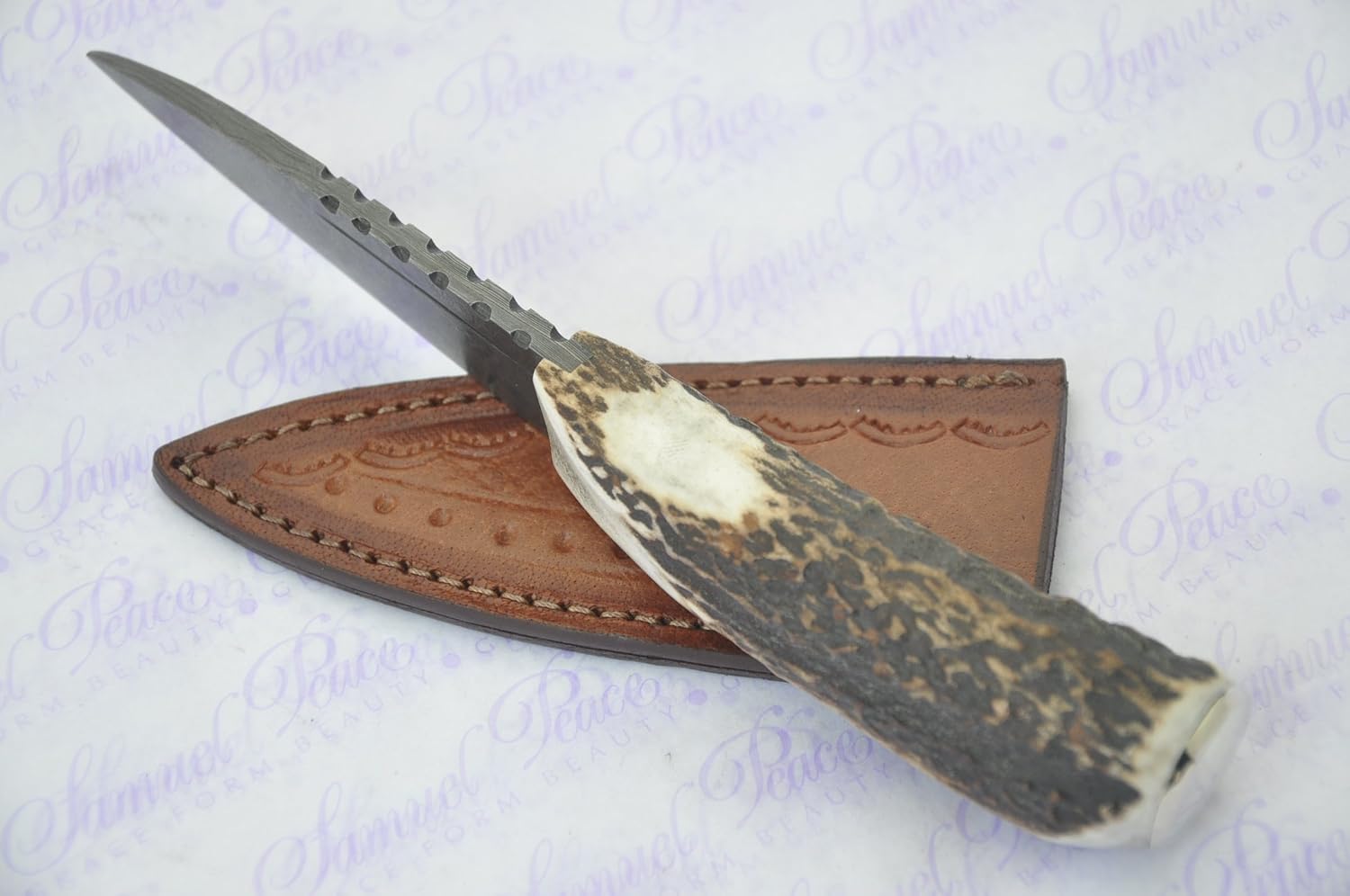 New Genuine Damascus Steel Stag Handle Sheffield Sgian Dubh Boxed with Leather Sheath