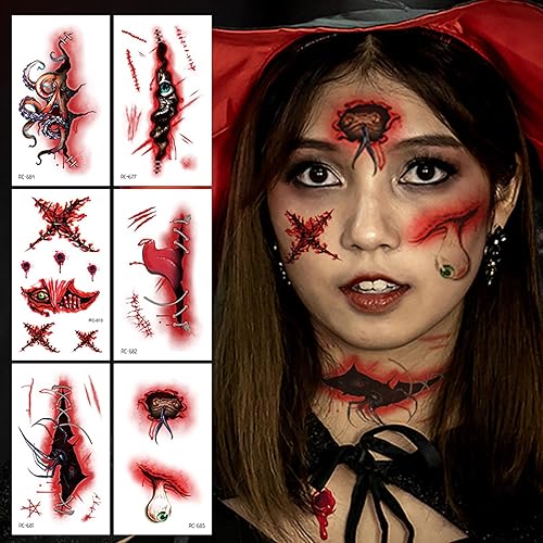 Miniatura 2 de 20 hojas de calcomanías de tatuaje de Halloween, de terror, realista, falsa herida sangrienta, cicatriz de Halloween, tatuajes temporales,