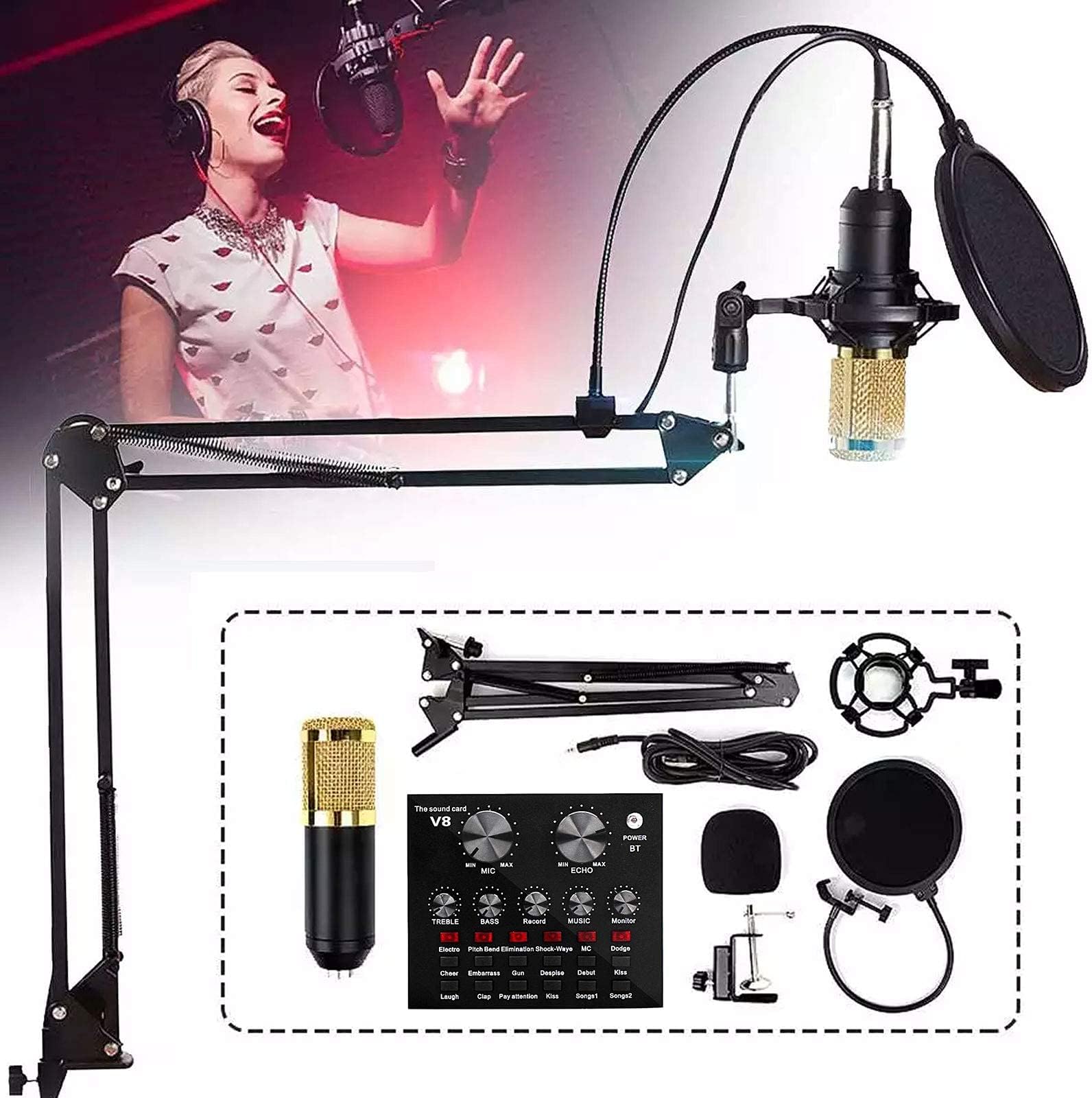 Condenser Microphone Bundle, BM-800 Mic Kit with Live Sound Card, Mic Set with Adjustable Mic Suspension Scissor Arm, Mini Sound Mixer Board with Multiple Sound Effects, for Podcast, Game etc