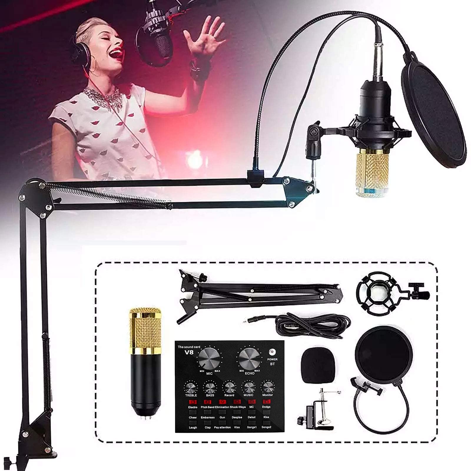 Condenser Microphone Bundle, BM-800 Mic Kit with Live Sound Card, Mic Set with Adjustable Mic Suspension Scissor Arm, Mini Sound Mixer Board with Multiple Sound Effects, for Podcast, Game etc