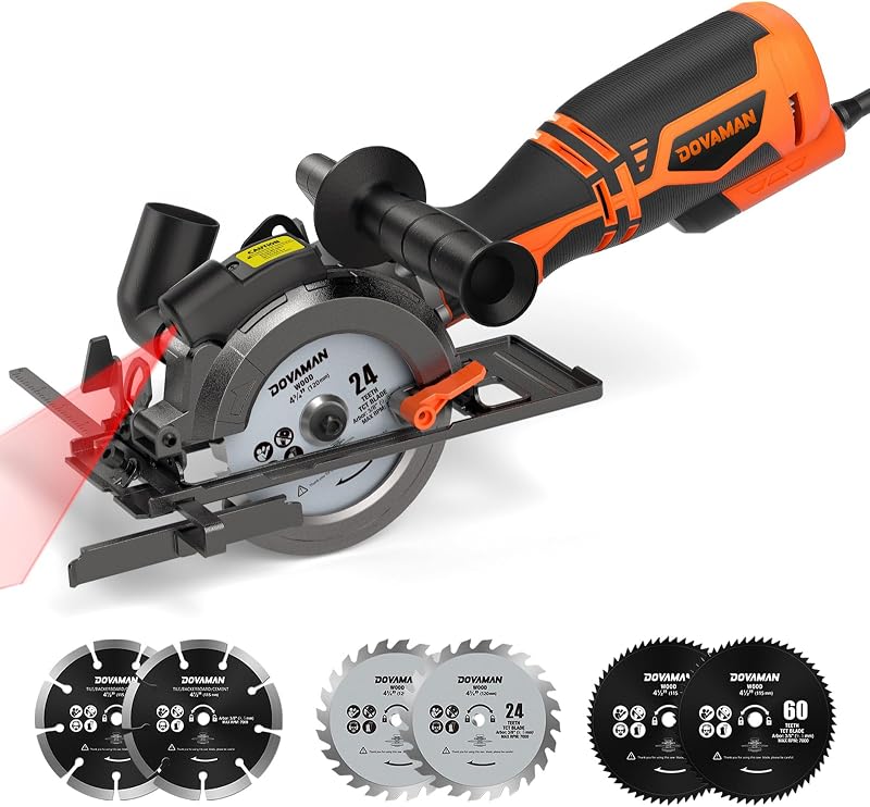Circular Saw, 5.8A 4-1/2" Circular Saw w/Laser & Auxiliary Handle | 6 Blades (4½" Diameter, 3/8" Arbor), Cutting Depth 1-11/16" (90°), 1-3/8" (45°), Ideal for Wood, Soft Metal, Plastic, Tile