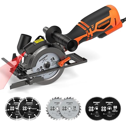 DOVAMAN Circular Saw, 5.8A 4-1/2" Circular Saw w/Laser, Metal Auxiliary Handle, 6 Blades (4½", 4¾"), Cutting Depth 1-11/16" (90°), 1-3/8" (45°), Ideal for Wood, Soft Metal, Plastic, Tile - MCS01A