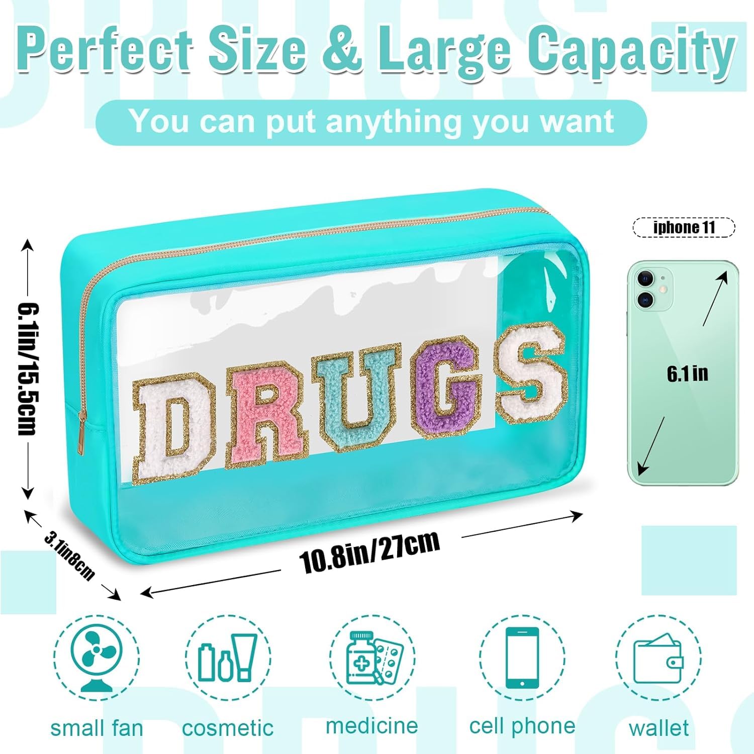 Bolsa de Aseo de PVC, Bolsa de cosméticos Transparente con Letras de Chenilla, Bolsa de Maquillaje Transparente, Bolsa Grande con Cremallera for Medicina de Viaje, Nailon Multicolor