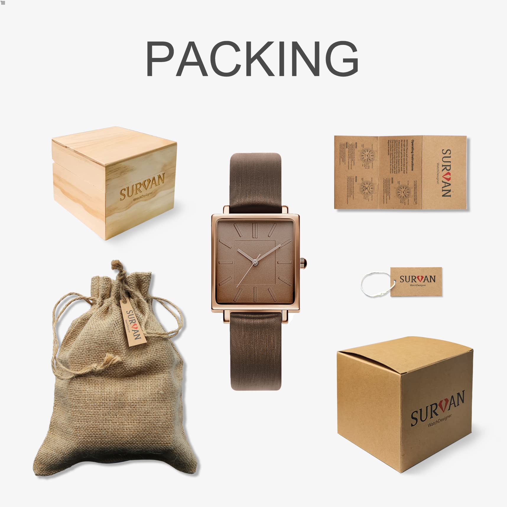 Relojes para mujer con esfera redonda cuadrada de acero inoxidable reloj de cuarzo con correa de cuero genuino satinado elegante minimalista impermeable, Marrón (Brown Square 6