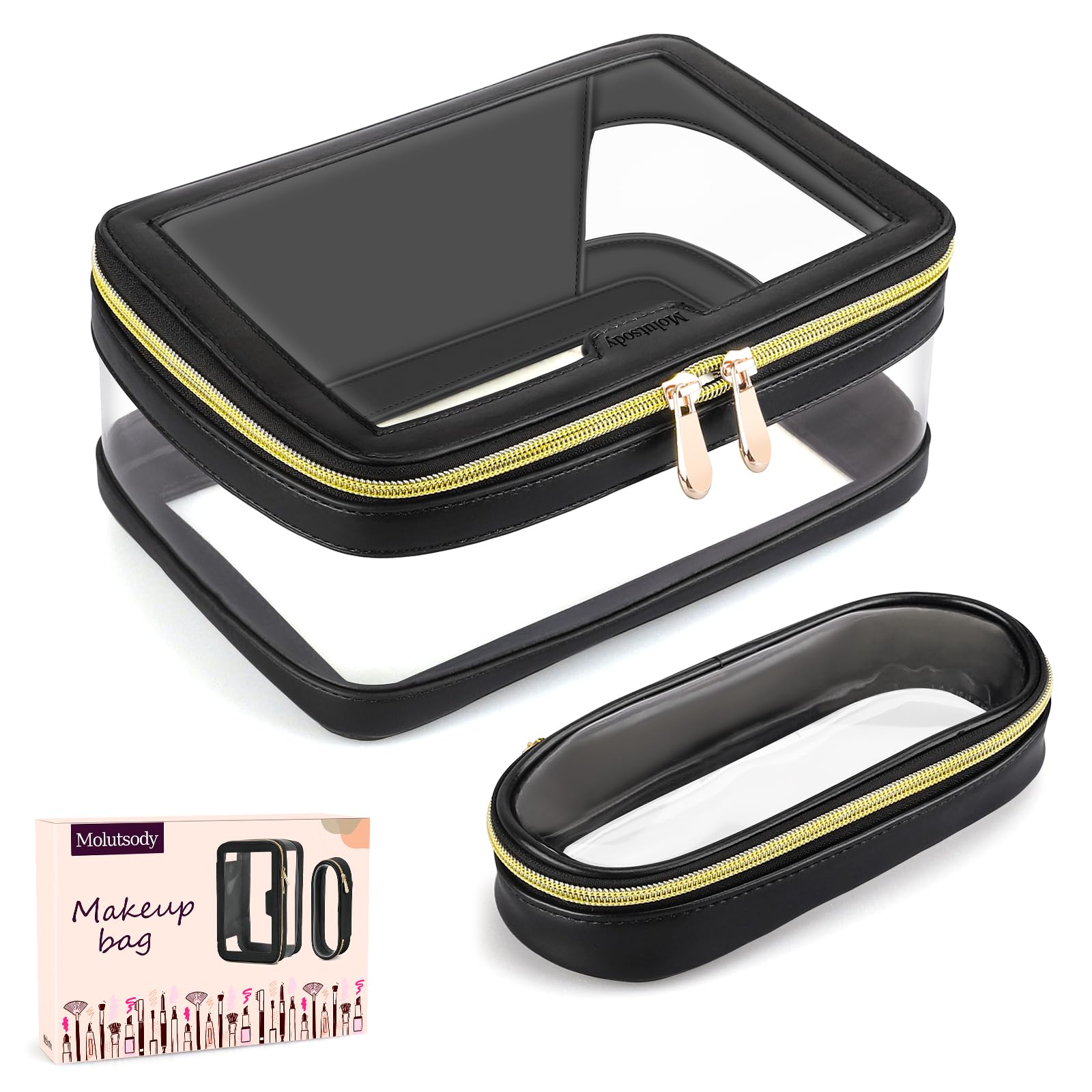 Molutsody Clear Makeup Bag with Makeup Brush Bag, Clear Cosmetic Bags Travel Toiletry Bag, Portable Waterproof Cosmetic Organizer Storage Bag for