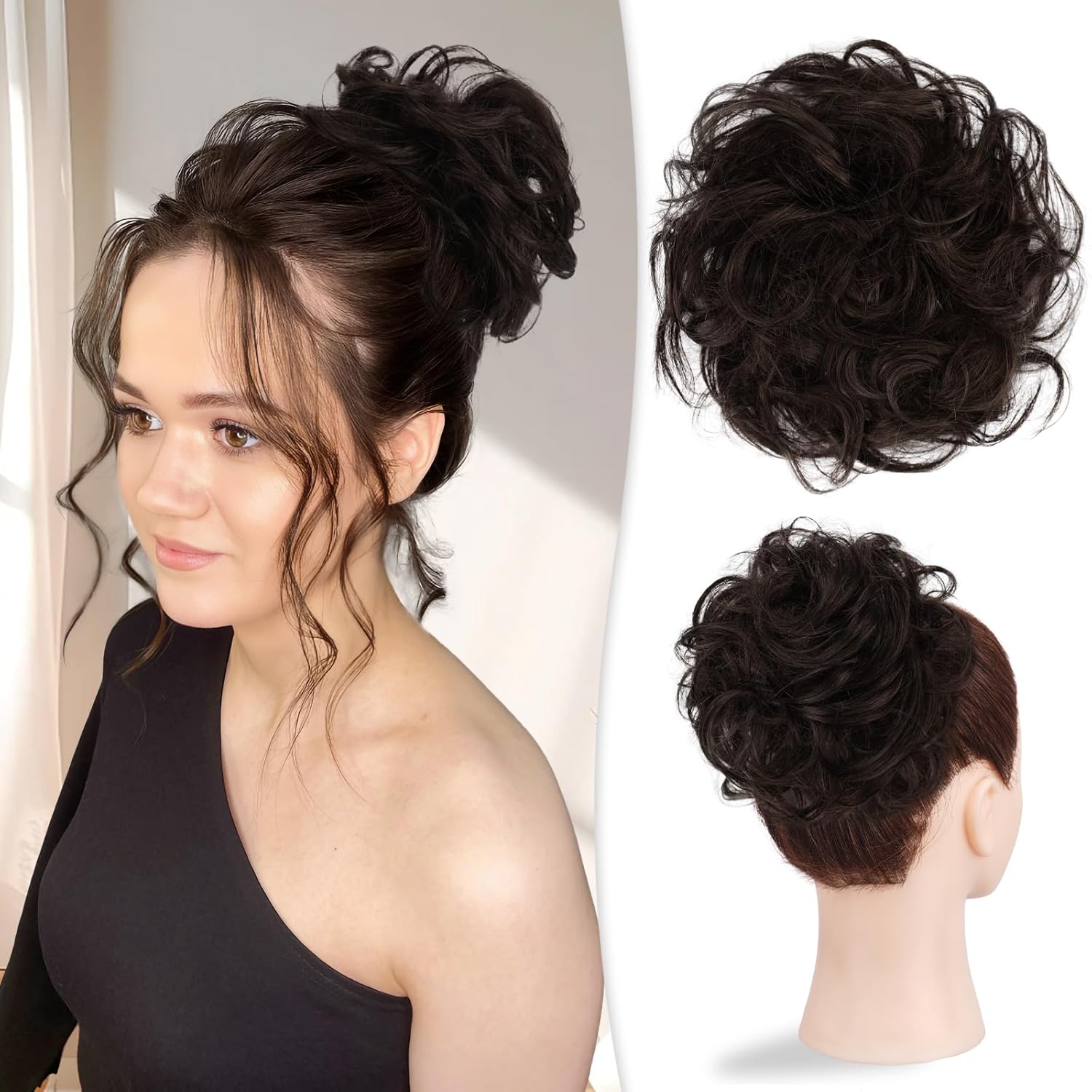 RUWISS Large Messy Bun Hair Piece 100% Human Hair Layered Wavy Curly Hair Buns Hair Piece for Women Updo Hairpiece for Daily Wear Real Hair Ponytail Extension (Dark Brown with 15% Dark Cocoa Blonde)