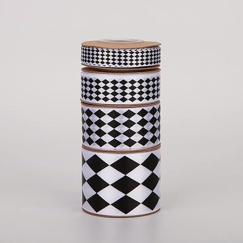 Miniatura 8 de 4 rollos en total de 20 yardas de cinta de satén blanco y negro impresa con diamantes para manualidades, envoltura de regalos, decoración de fiesta