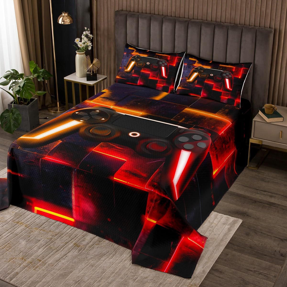 Erosebridal Gamepad Print Queen Quilt Set for Kids Boys Girls Contemporary Gradient Grid Coverlet Set, Black Red Orange Bedding Set Gamer Gaming Bedspread Set, Abstract Ombre Square Bed Quilt
