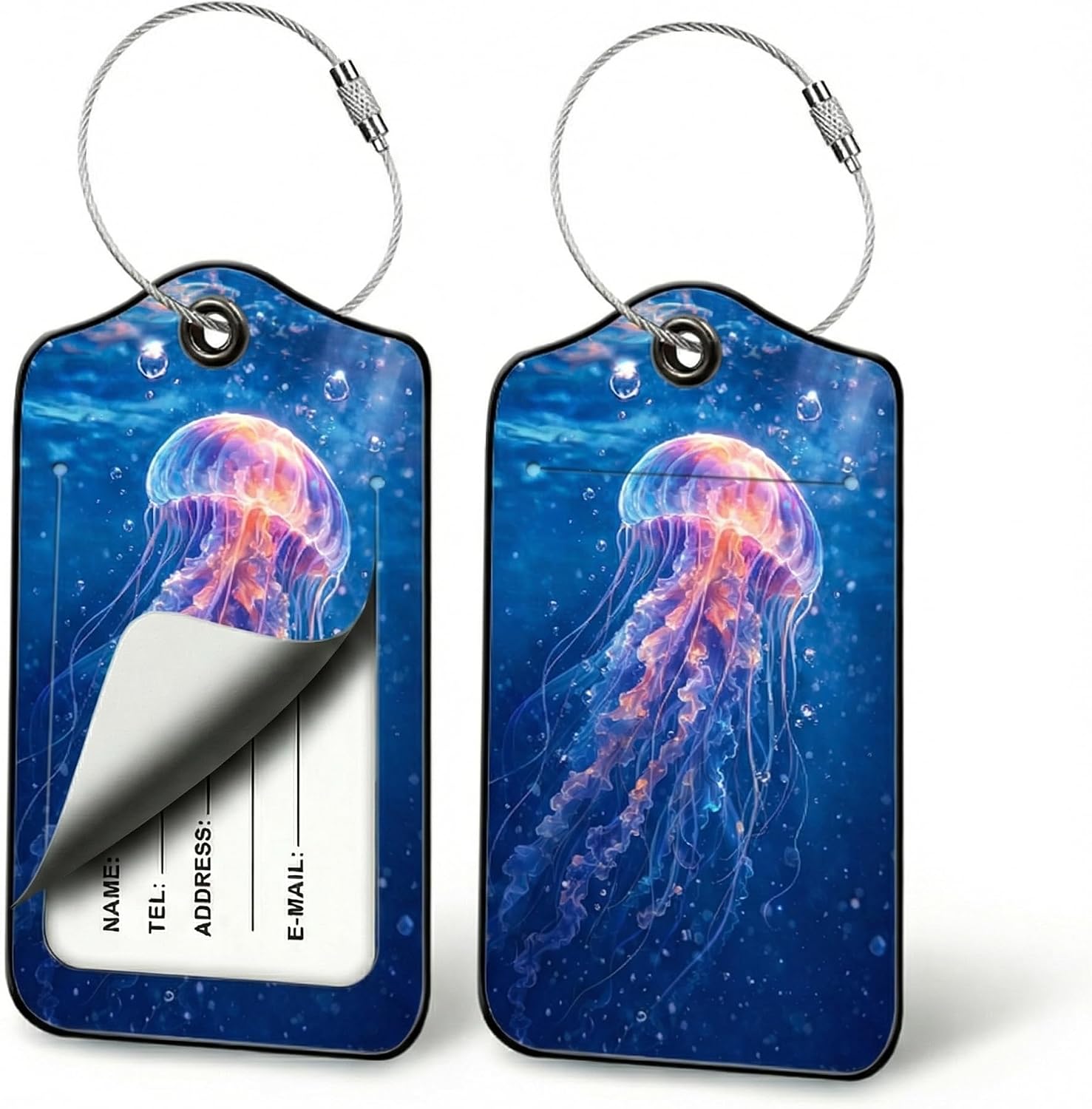 Jellyfish Luggage Tags for Suitcases, 2 Pack PU Leather Ocean Travel Tags