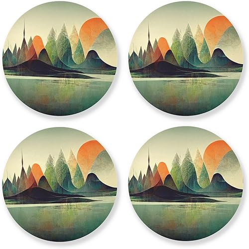 Juego de 4 posavasos abstractos de madera de montaña para bebidas, juego de posavasos de mesa redonda para taza de café, bebida, cerveza, tapete