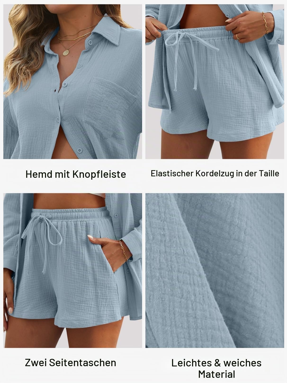 Yutdeng Zweiteiler Damen Sommer Musselin Set Hose Bluse Baumwolle Musselin Shorts mit Taschen und Hemd Leinen Set Damen Sommer Outfit 2 Teiler Casual Strand Travel Airport Outfit Lounge