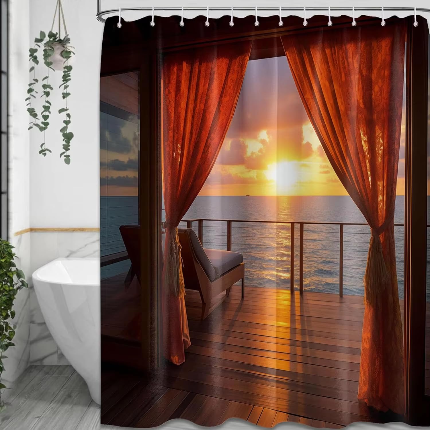 Rideau de douche plage d'été 150x220 cm avec crochets pour salle de bain côtière et moderne