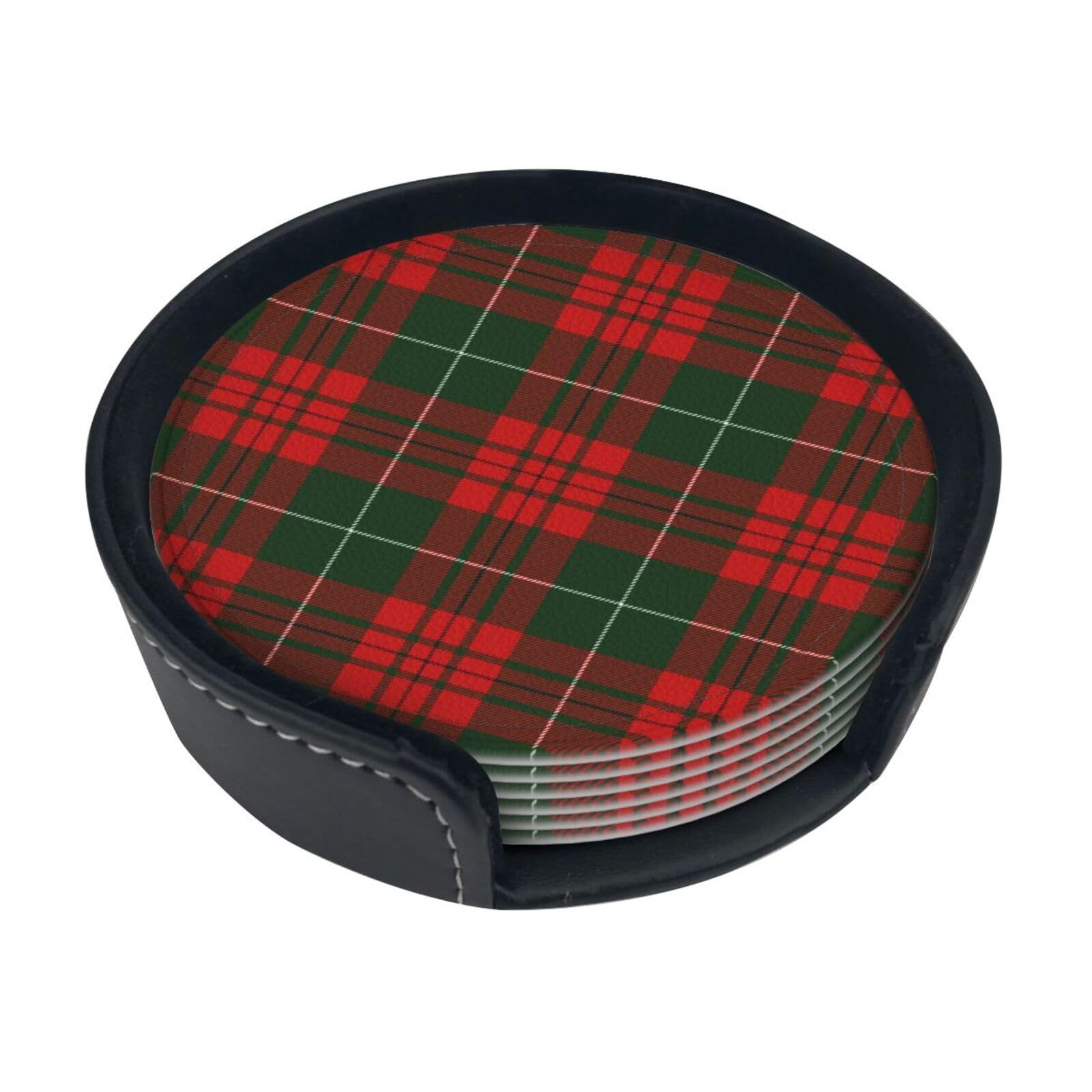 Poadnly As Picture Christmas Scottish Tartan,Set Of 6 Round Coasters, Pu Leather Drinks Coasters With Holder For Home Office Kitchen