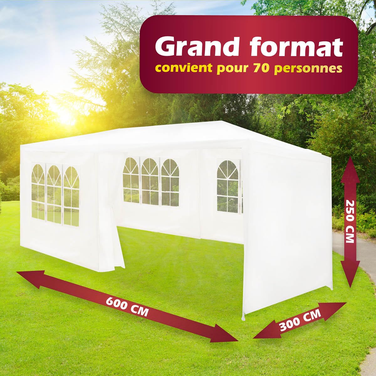 Tonnelle 3x6 Mètres – Barnum avec Parois Latérales – Chapiteau pour Jardin – Tente de Camping pour 70 Personnes – Blanc Étanche