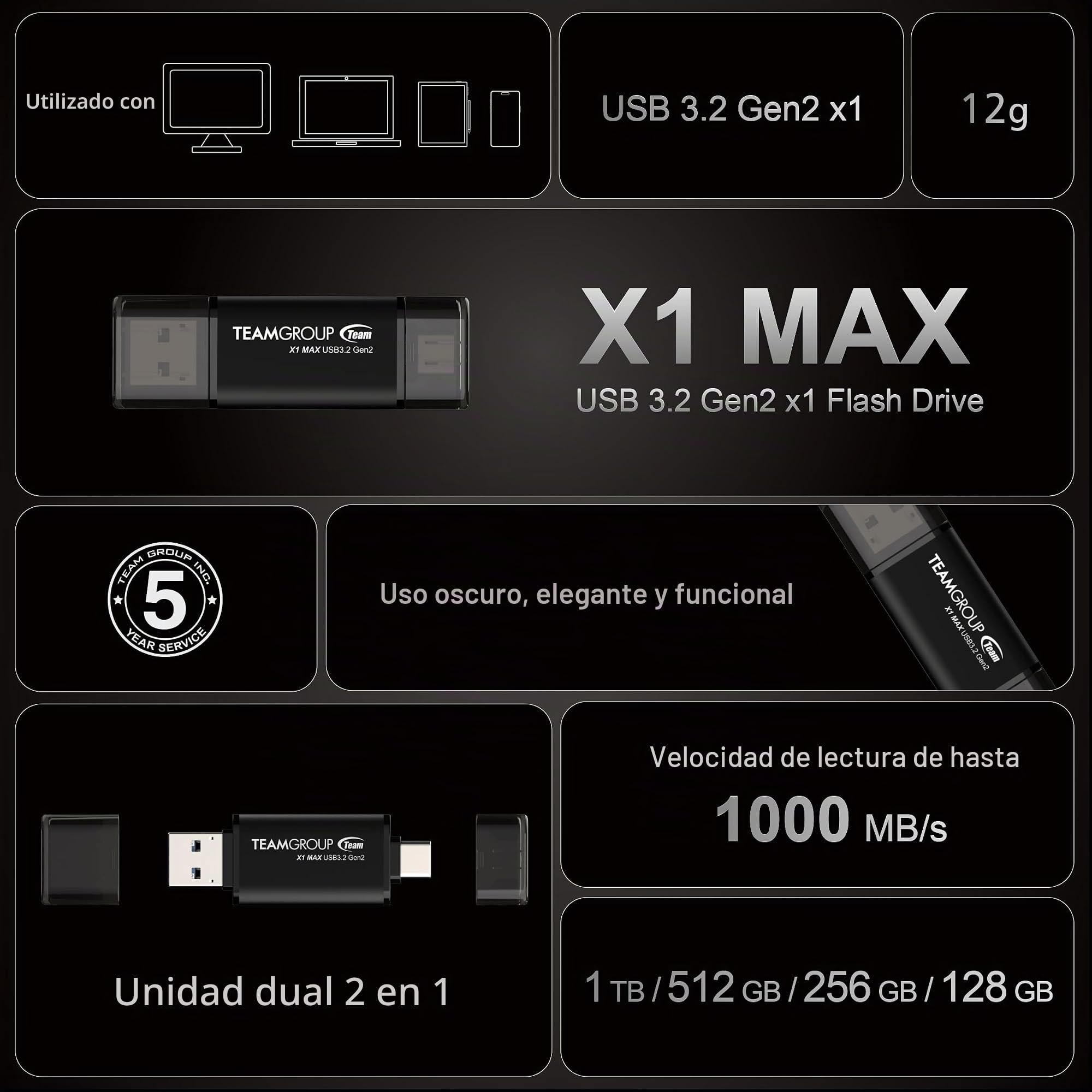 TEAMGROUP X1 MAX - Memoria USB 3.2 de 256 GB, 1000 MB/s, Gen 2 tipo A y tipo C (3.1/3.0) OTG de doble interfaz USB, memoria flash de almacenamiento de datos, compatible con Smartphone/Tablet/Laptop/PC