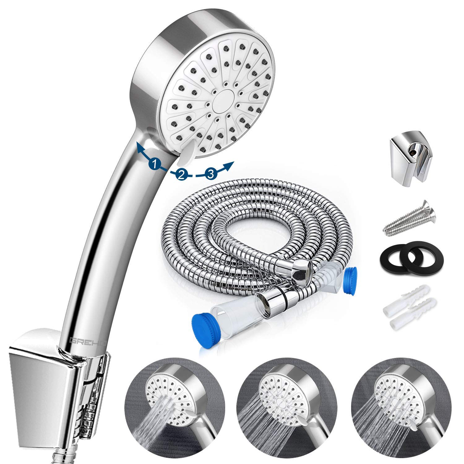 Shower Head with Hose, 3 Mode Spray Universal Shower Head with 1.5m(4.92ft) Flexible Stainless Steel Shower Hose, Shower Bracket, Handheld Shower Heads for Dry Skin, Hair