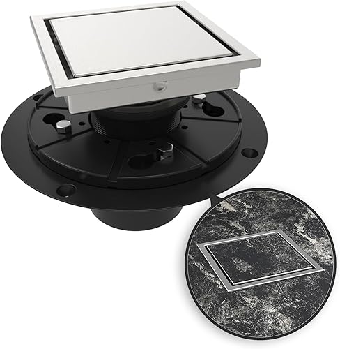 WEBANG Drenaje de ducha cuadrado de 4 pulgadas con drenaje de piso cepillado con brida reversible cubierta 2-en-1 inserto de azulejos rejilla