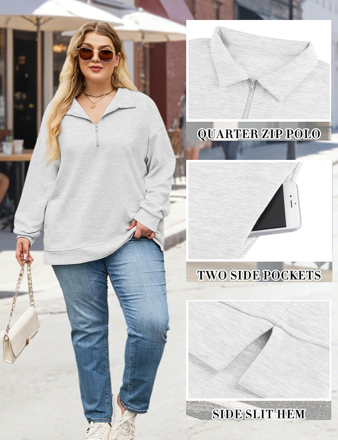 Misyula Style Plus Size Sweatshirts for Women Pockets Quarter Zip Pullover Long Sleeve Drop Shoulder Oversized Tops - Image 4