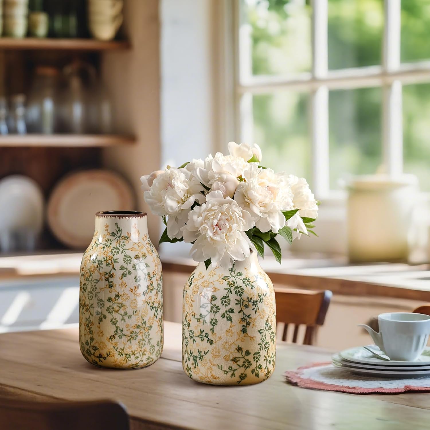 2 Pcs Green and Beige Vintage Ceramic Vase 9.8'' and 7.3'' Chinoiserie Floral Vase Rustic Farmhouse Large Vases for Home Living Room Bookshelf Decor Table Centerpiece Chinoiserie Decor