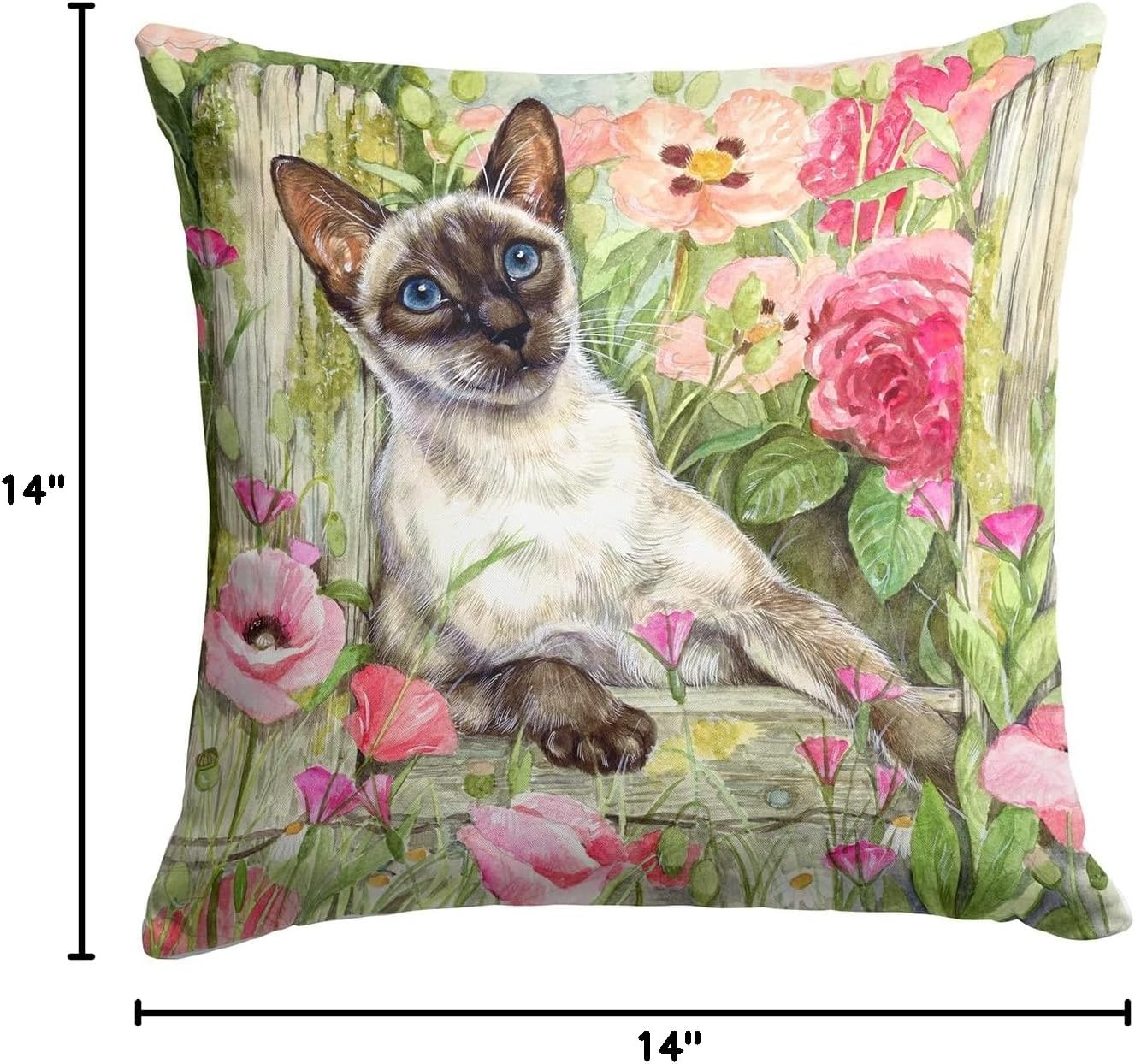 Caroline's Treasures CDCO0033PW1414 Siamese cat in The Roses Fabric Decorative Pillow Machine Washable, Indoor Outdoor Decorative Pillow for Couch, Bed or Patio, 14Hx14W