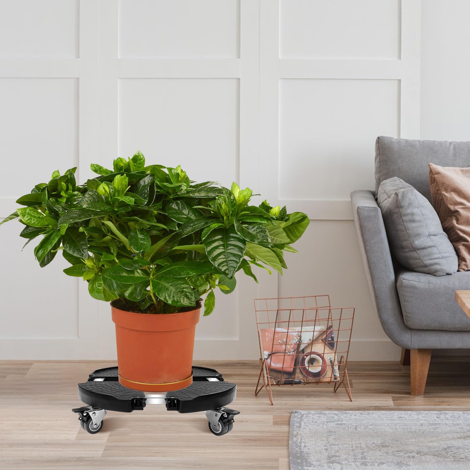 Porte Plante à Roulettes Réglable 40-58.5cm, Support Pot de Fleur Rond 250 kg, Chariot Plantes Noir Roues 360°