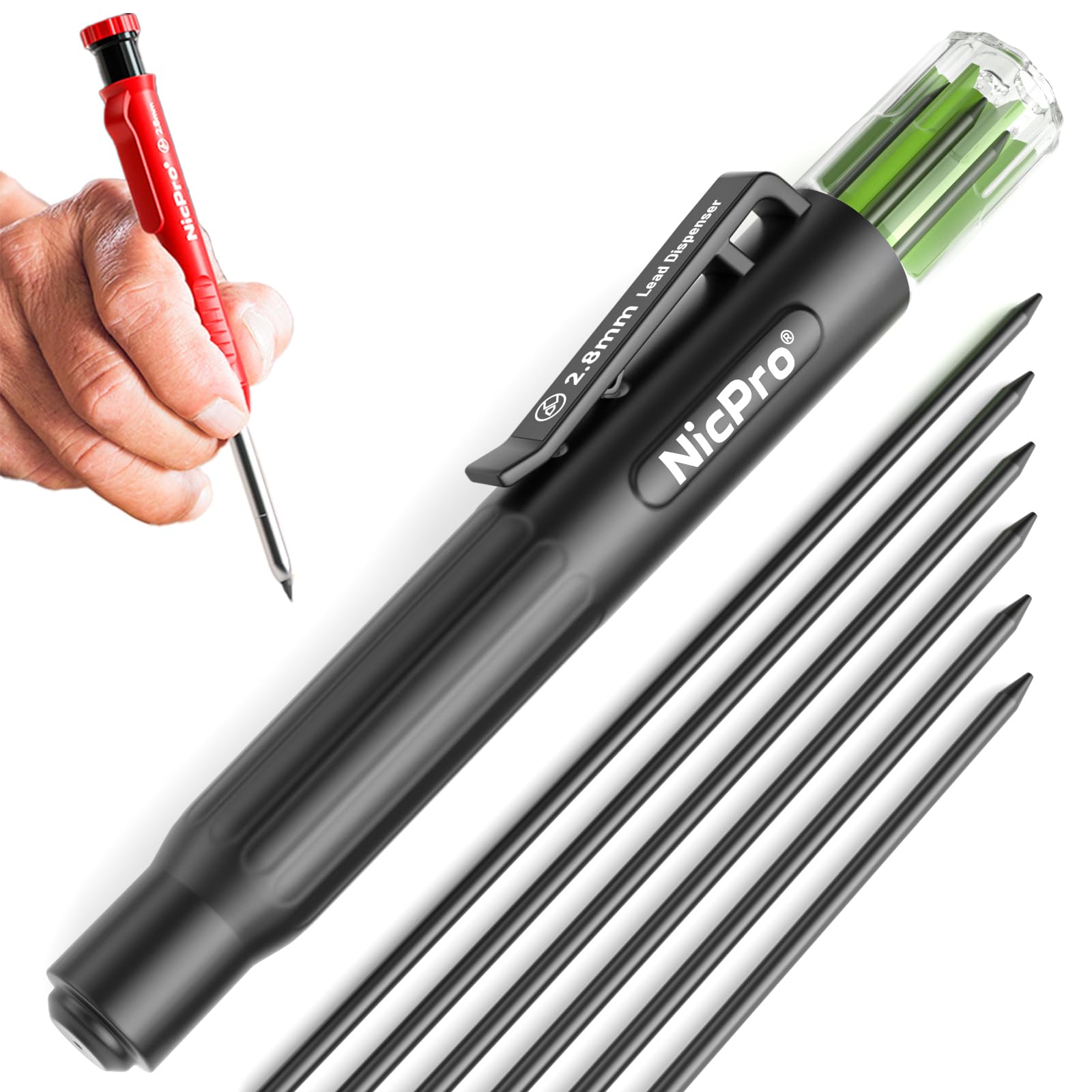 Nicpro Carpenter Pencil Lead Refills 2.8mm, 6 Pieces Black