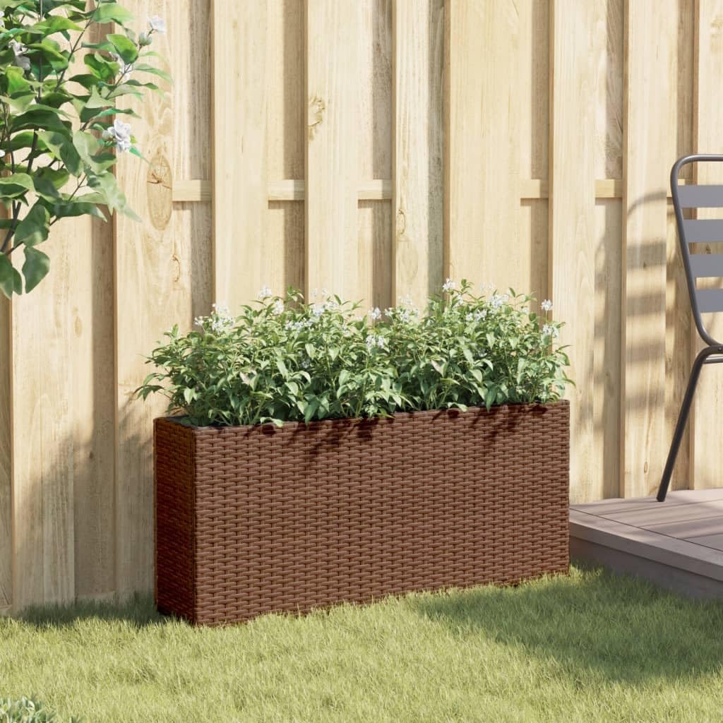Podwyższona grządka z 2 półkami, brązowa, 90 x 20 x 40 cm, z polirattanu z malowaną proszkowo stalową ramą, do ogrodu, na taras, balkon, odporna na warunki atmosferyczne, mróz, w zestawie