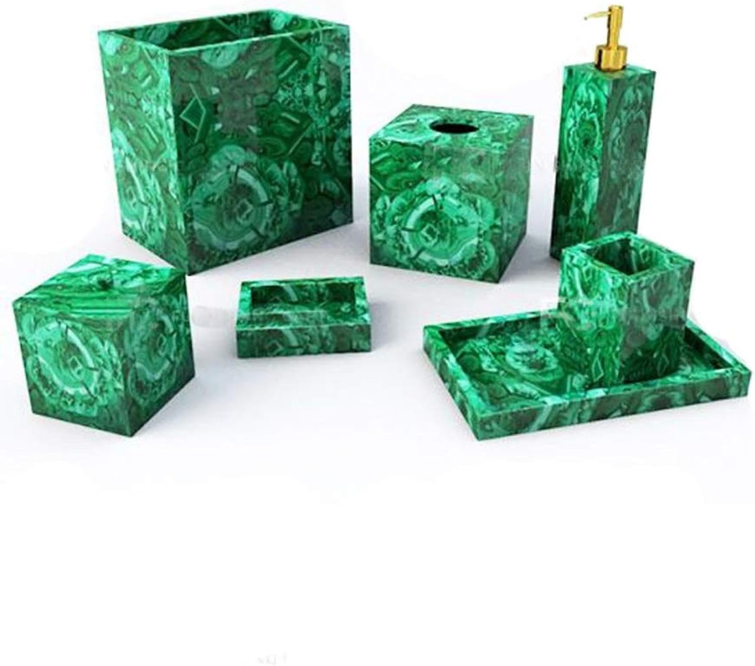 Elegant Malachite Washroom Set of 7 Piece | Green Stone Bathroom Decor | Malachite Stone Soap Plate & Handwash Dispenser | Luxurious Bath Accent for Decor or Gift