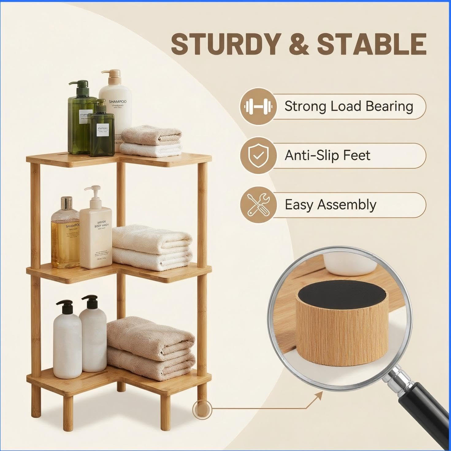 Bamboo Corner Shower Caddy Stand 3-Tier, Standing Shower Organizer with Anti-Slip Feet, Waterproof & Durable Bathroom Shower Shelf, Space-Saving Design Storage for Kitchen or Living Room