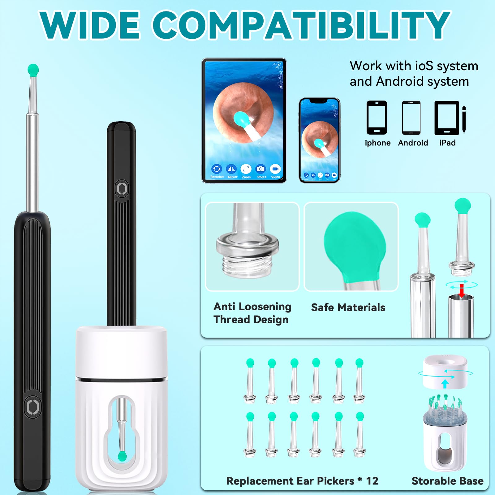 Endoskop uszny, WiFi, endoskop, otoskop, 1080P, IP67, wodoodporna kamera uszna HD z 6 diodami LED, otoskop, kompatybilna z ios i Androidem, dla iPhone, Android, iPad, dorosłych, dzieci, z