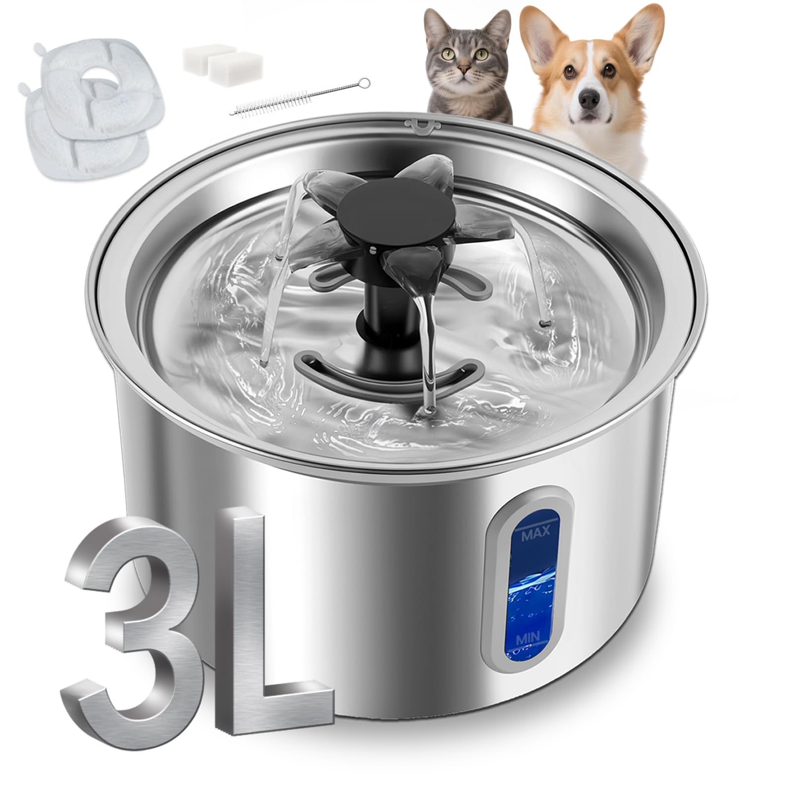 3L/101oz Stainless Steel Cat Water Fountain for Indoor Use - Ultra Quiet Automatic Cat Fountain for Drinking, BPA-Free Pet Water Dispenser for Cats/Small Dogs LED Window (2 Filters & 2 Sponges, Large)
