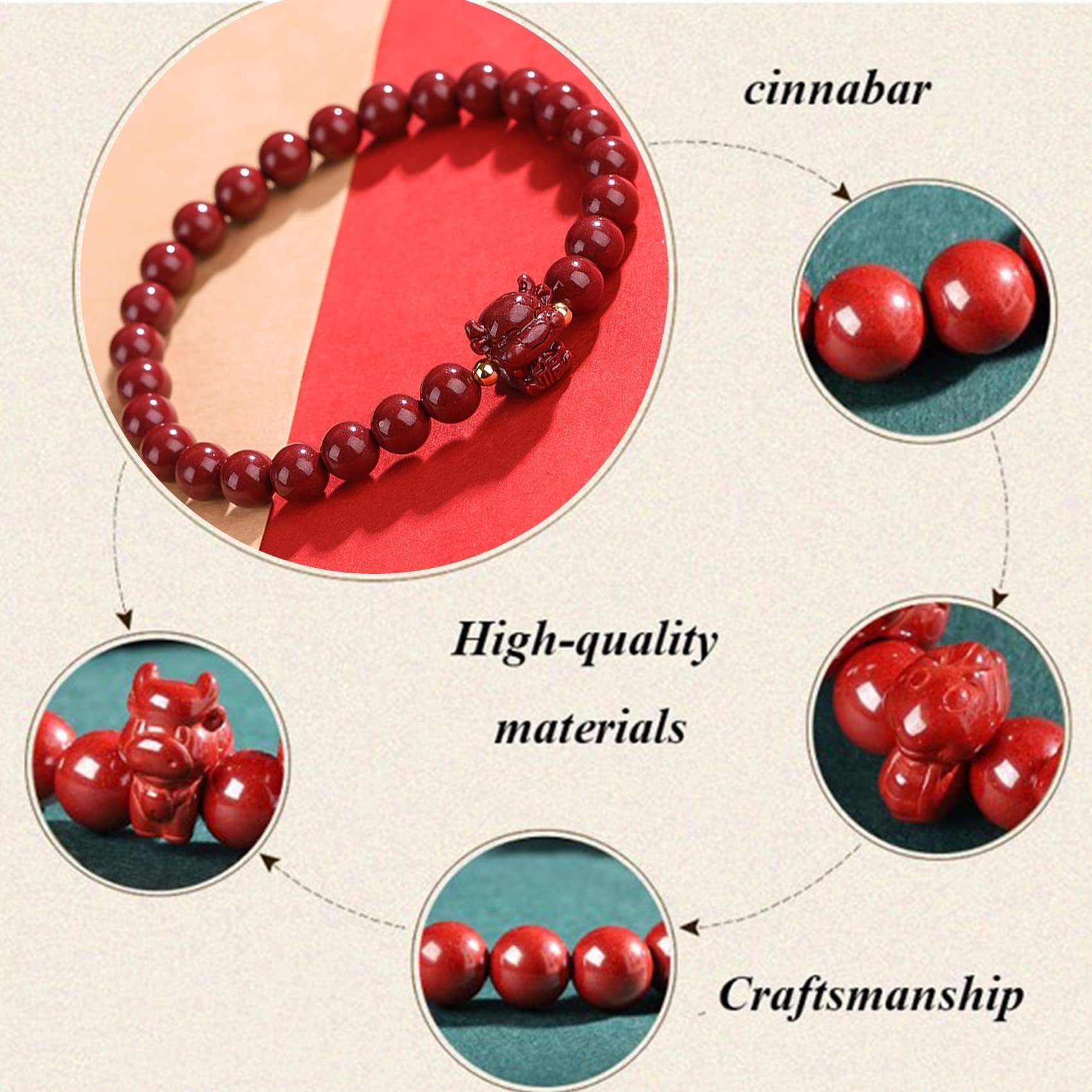 Natürliches Edelsteinarmband, kristall natürlicher hoher Zinnoberspiegel für glückliche -Tiere Charme Gleichgewicht Rot Armband Reichtum Amulett anziehen Geld Wohlstand Glück, Schwein