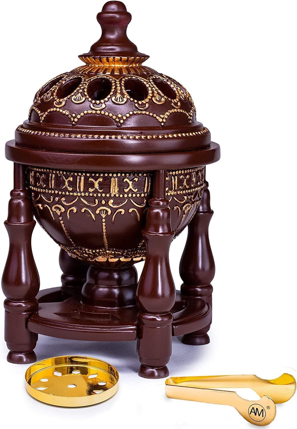 AM Charcoal Incense Burner - Bakhoor Burner, Oud Frankincense Resin Burner for Office & Home Decor - Lavish 4 Pillar (4 Pillar Brown)
