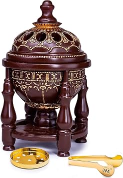 AM Charcoal Incense Burner - Bakhoor Burner, Oud Frankincense Resin Burner for Office & Home Decor - Lavish 4 Pillar 4 Pillar Brown