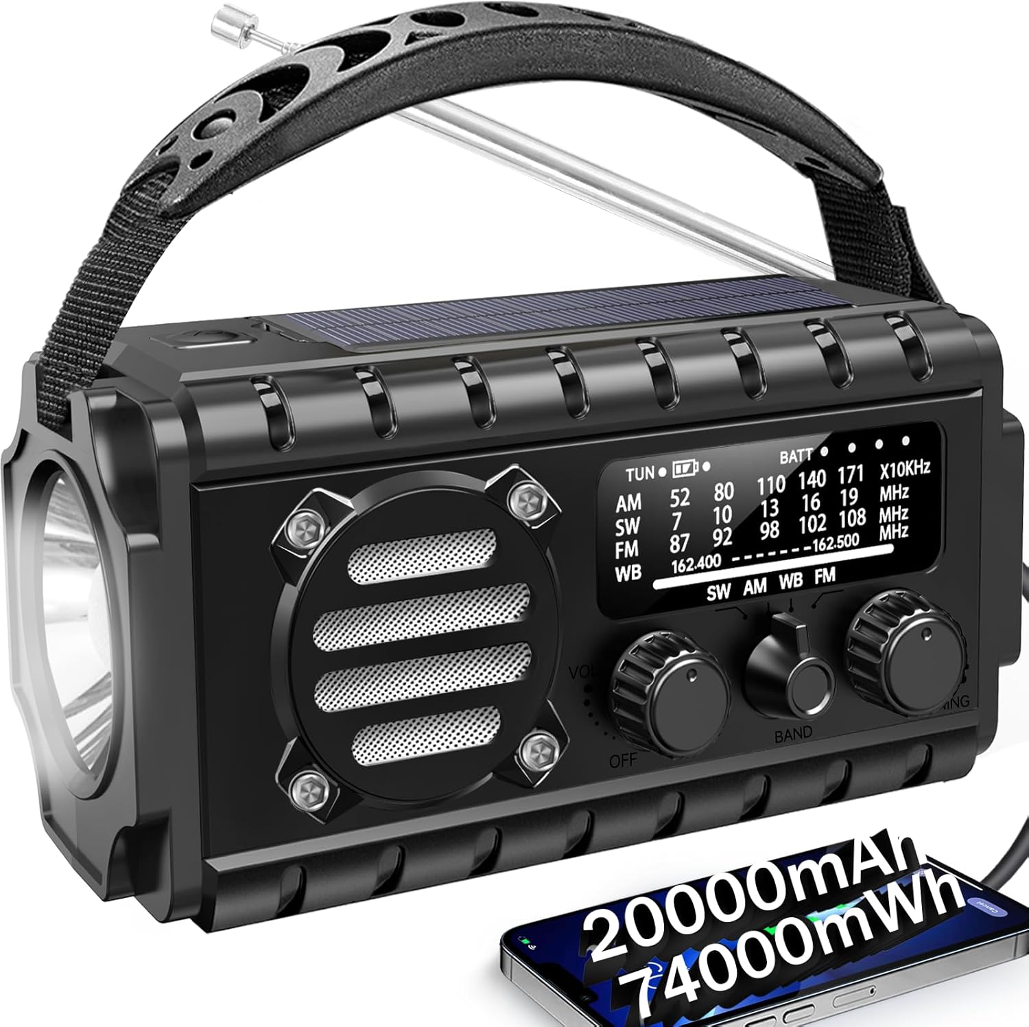 20000mah Hand Crank Emergency Radio,SW/NOAA/AM/FM Weather Radio, Solar Powered Hand Crank Chager with Bige Batery Powered,Portable,Cellphone Charge,SOS,Flashlight for Emergency/Home (Black)