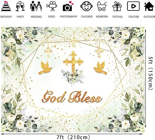Miniatura 6 de Fondo verde y dorado para bautizo, decoración de fiesta de primera comunión, fondo de fotografía de bautizo, 7 x 5 pies (82 x 59 pulgadas)